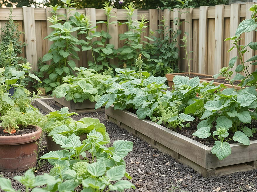 Lush vegetable garden with raised beds featuring leafy greens and young plants, illustrating effective intercropping and succession planting strategies.
