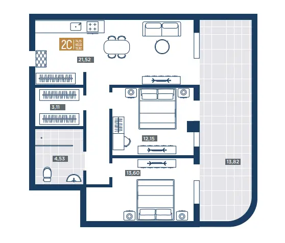 2-комнатный 74,15 м²
