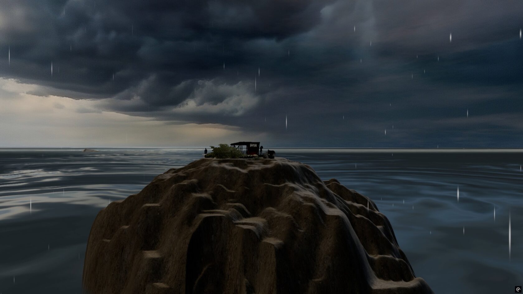 A VRChat avatar standing beside the kiosk in rain