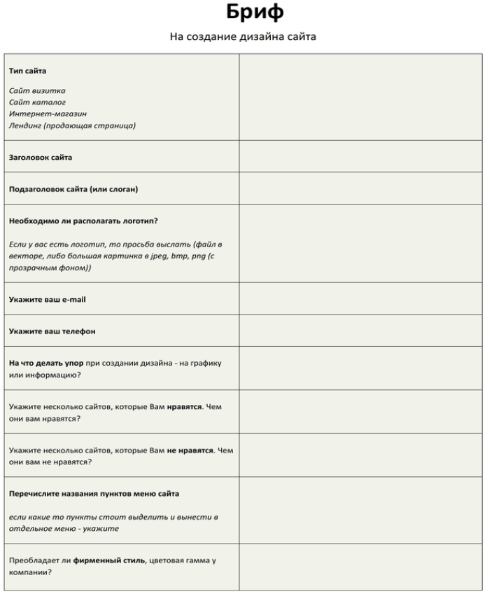 Бриф на разработку дизайн проекта