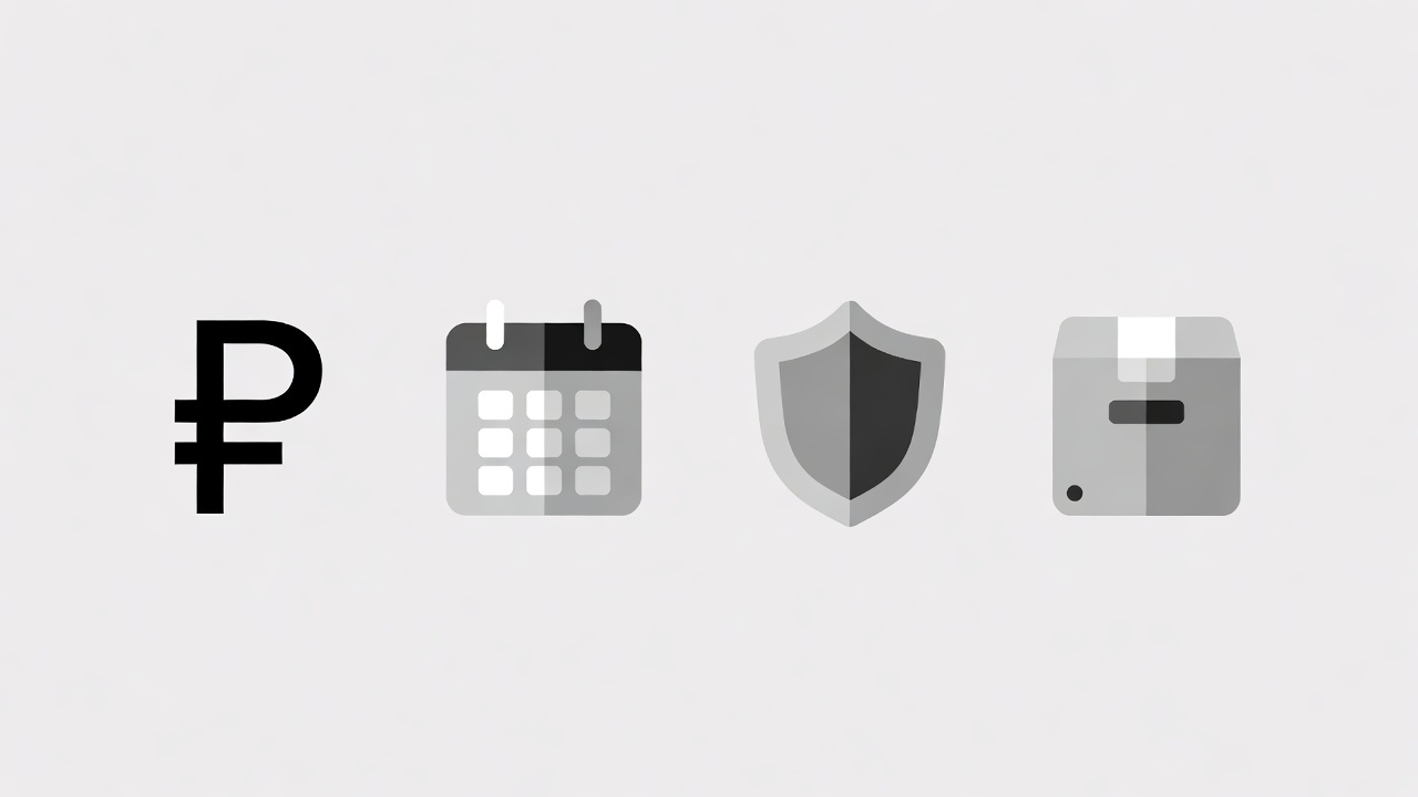 A minimalist infographic with four icons: ruble sign, calendar, shield, and storage box on a light background.