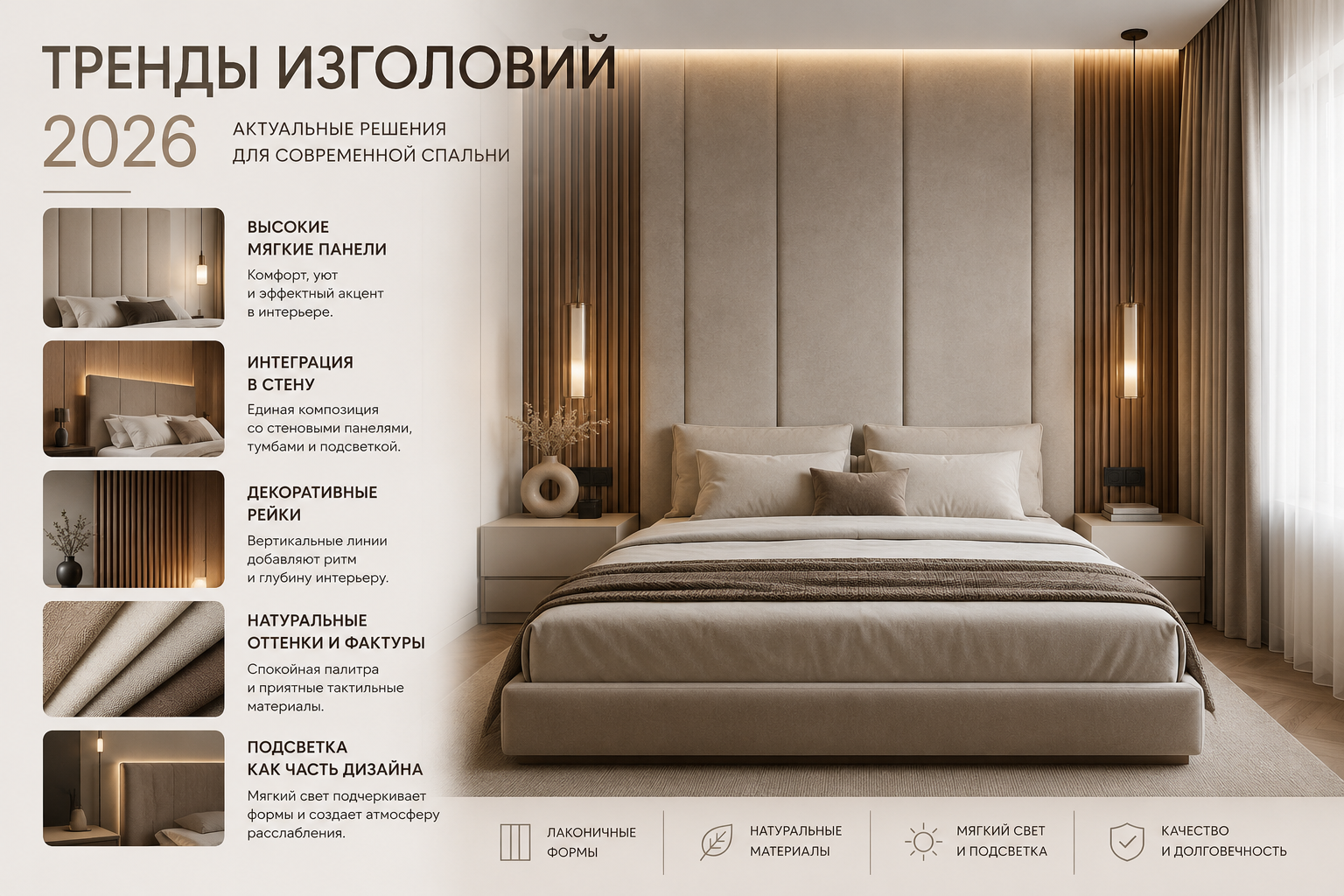 Тренды изголовий 2026 в современной спальне: высокое мягкое изголовье декоративные рейки встроенная подсветка и натуральные оттенки