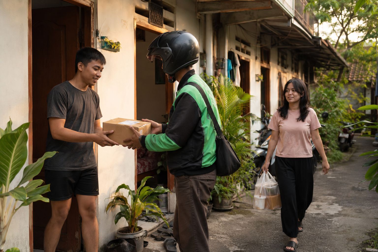 Penghuni kos menerima paket titipan tetangga di lingkungan permukiman urban Indonesia.