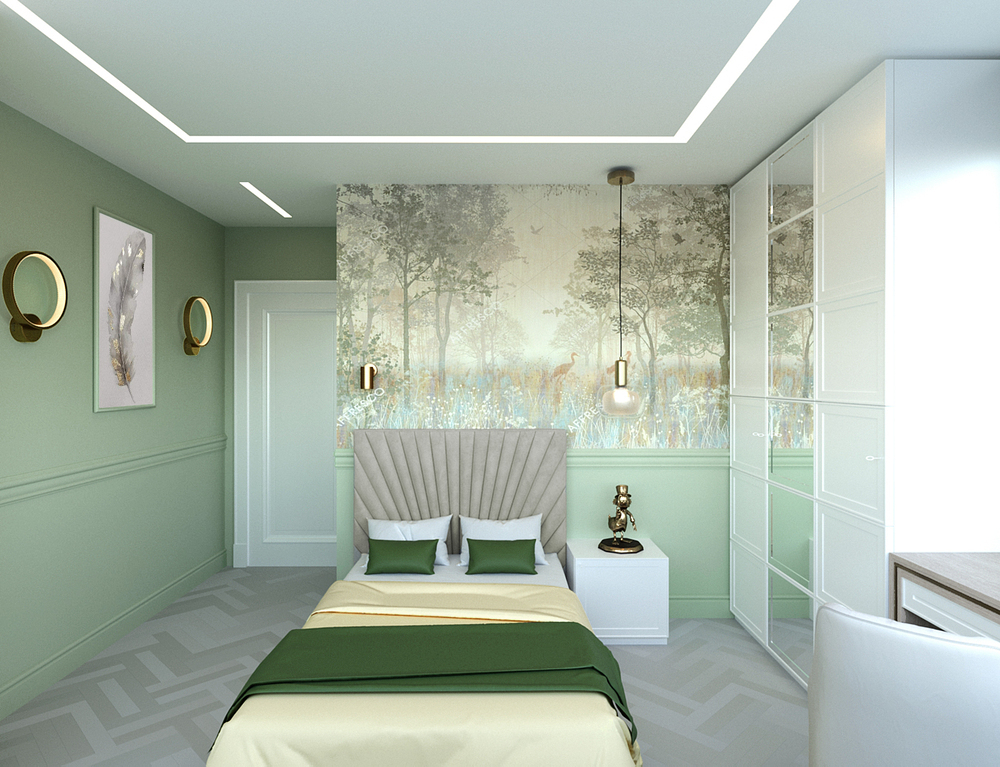 дизайн подростковой комнаты с зелёными стенами, фреской, кроватью с высоким мягким изголовьем, молдингами, ёлочкой на полу