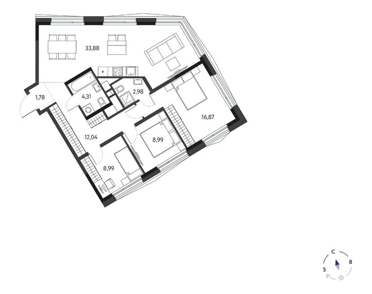 Планировка 3-комнатной квартиры 89,84 м² в ЖК «Кинетик»: 20-й этаж