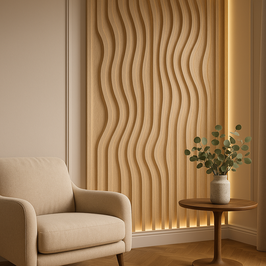 Современный интерьер с акцентной стеной из рельефных МДФ панелей с волнообразным 3D-узором и подсветкой. Уютное кресло в бежевых тонах, деревянный столик с вазой и мягкое освещение создают стильную и тёплую атмосферу.