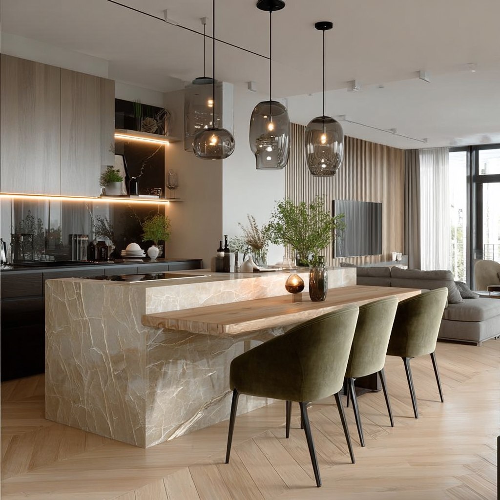 Современная кухня с тёплым светом и природной фактурой