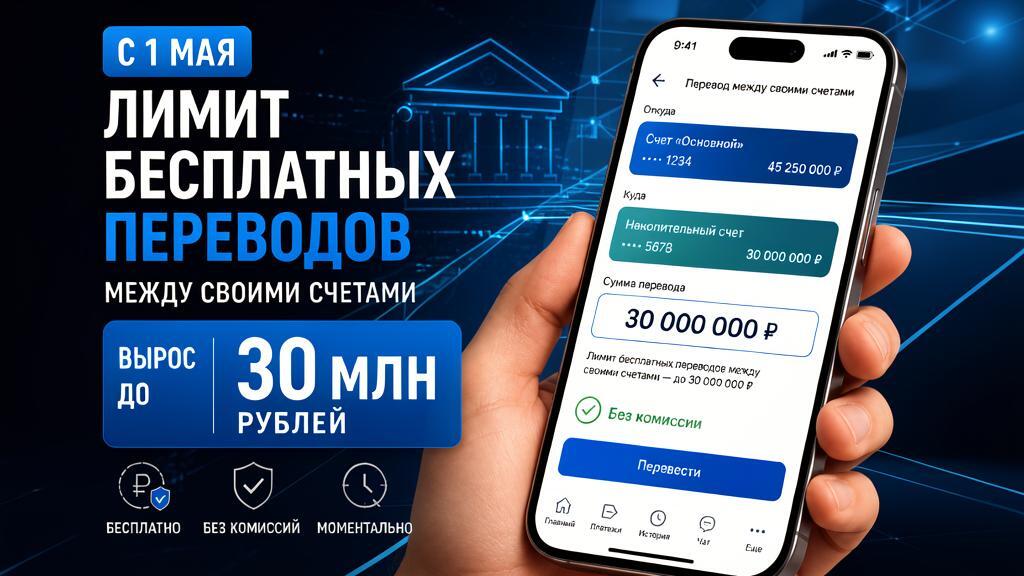 Смартфон с открытым банковским приложением, на экране сумма перевода 30 миллионов рублей.