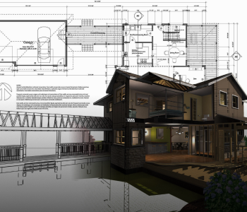 двухэтажный дом в классическом стиле темно-коричневого цвета с визуализацией интерьера и чертежами плана дома на фоне