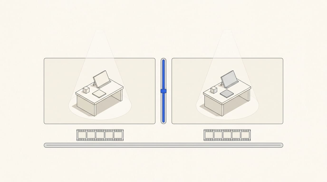 Two comparable video frames of a work surface above strips of source footage.