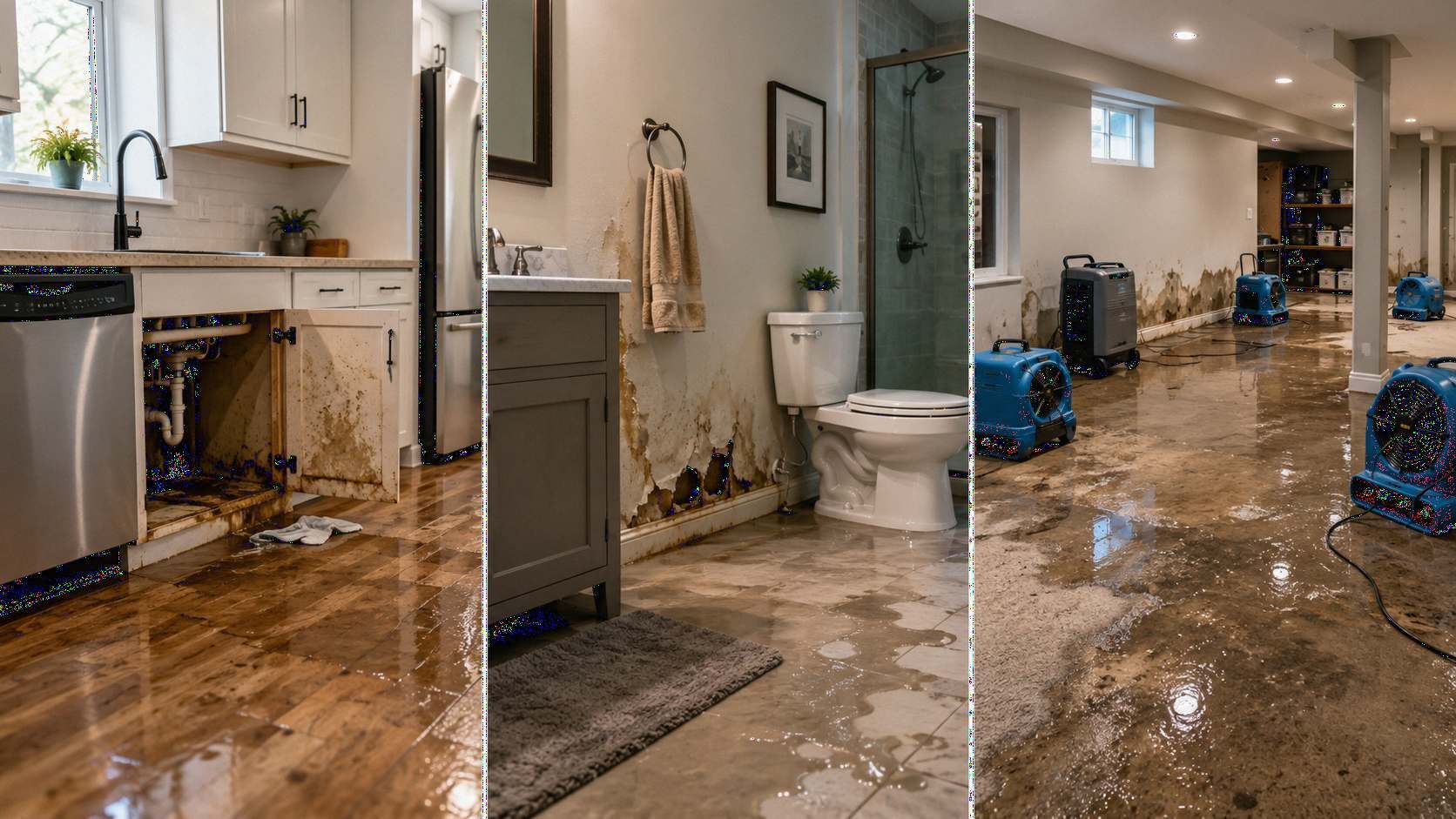 Water damage restoration cost by room showing kitchen bathroom and basement water damage with drying equipment