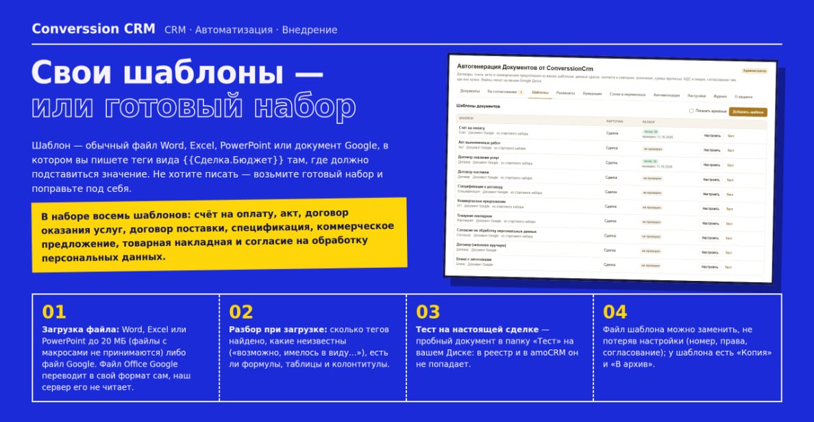 Свои шаблоны или готовый набор: файл Word, Excel, PowerPoint или документ Google с тегами, разбор при загрузке и тест на настоящей сделке