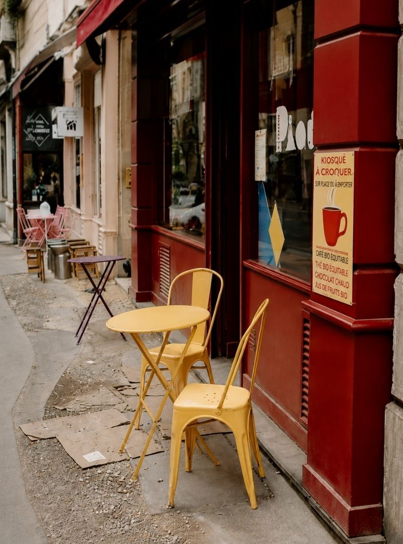 Outdoor cafe seating in Paris, bistro chairs and table