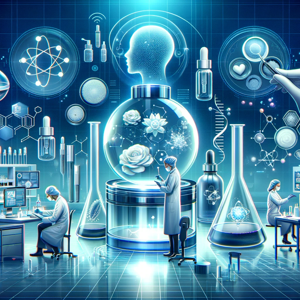 A modern image illustrating scientific approaches in cosmetology. The illustration should showcase contemporary cosmetological equipment, laboratory research of cosmetic formulas, or innovative cosmetic products. The image should depict a high-tech lab environment with advanced instruments, scientists examining skincare samples, and futuristic skincare products that symbolize the scientific achievements and technological progress in the field of cosmetology. This will fit well in a section describing the scientific advancements and technological innovations in cosmetology.