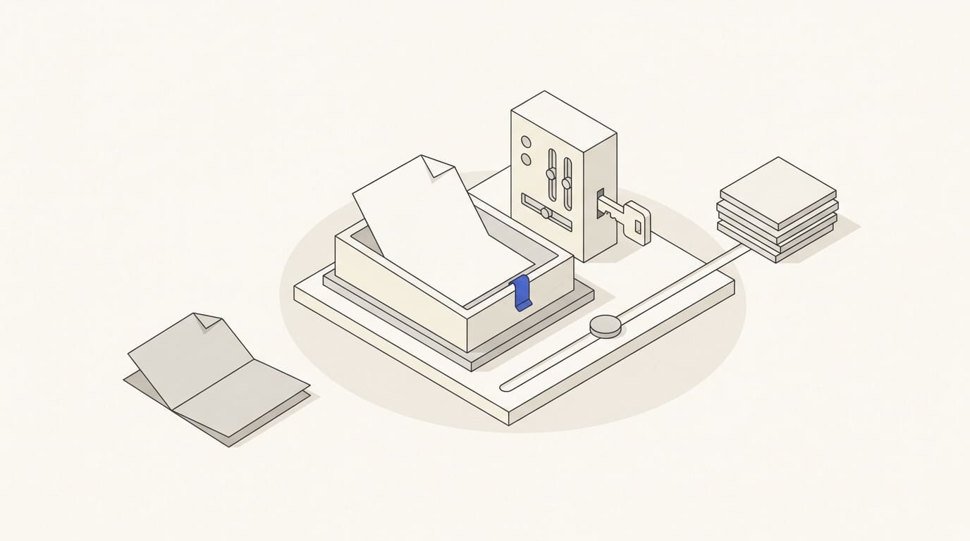 A proposal, bot panel and role key beside a stack of decision records.