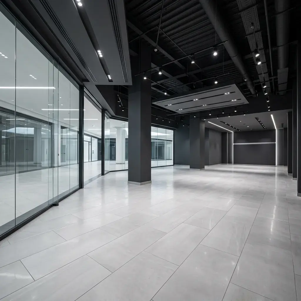 Ремонт коммерческого помещения под ключ — готовый торговый зал со стеклянными перегородками, полированным плиточным полом и открытыми коммуникациями на потолке