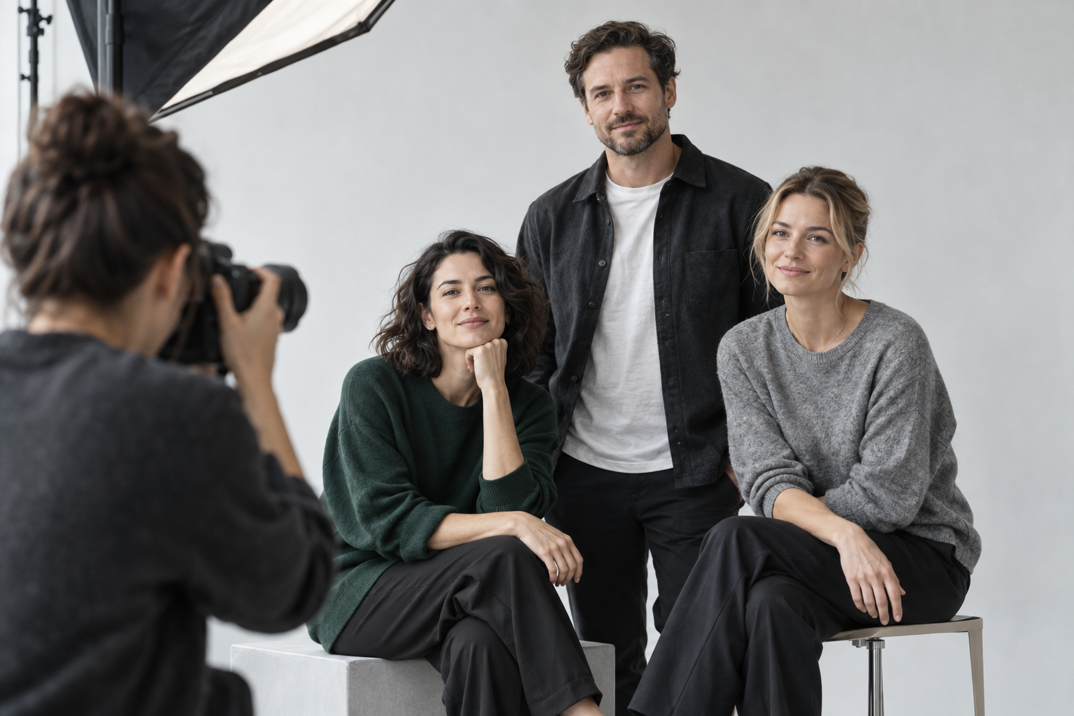 Ilustracja: fotografka wykonuje portret trzech osób z zespołu.