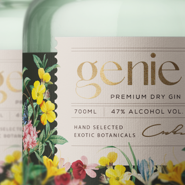 Genie-dry gin alcohol packaging designed by Yugen Branding