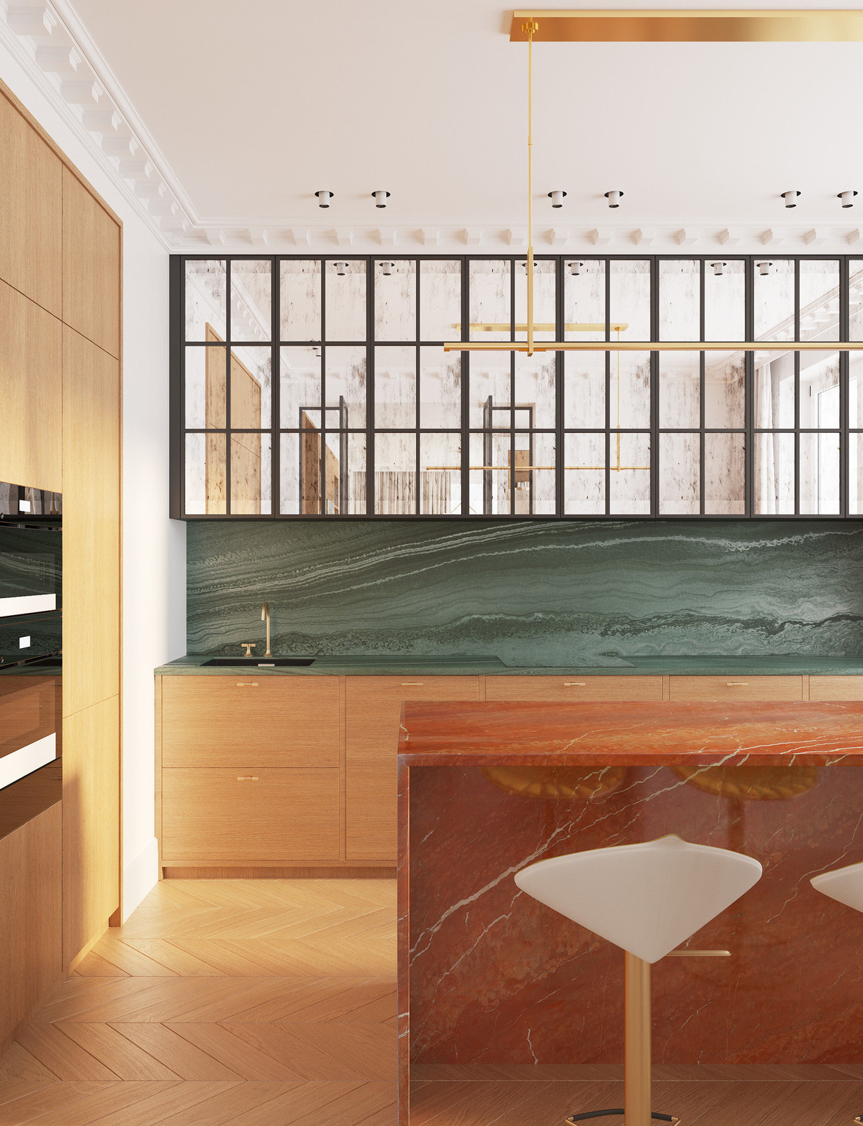 Кухонный остров в мраморе и барные стулья Fasem в интерьере дизайнера Екатерины Фёдоровой