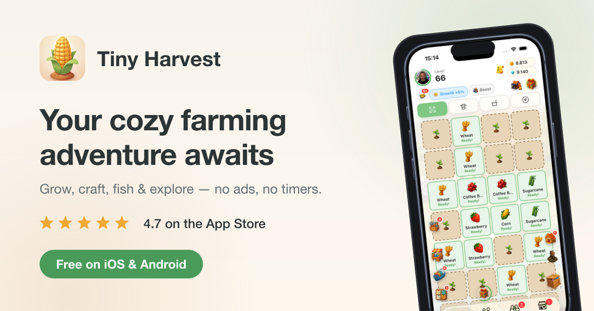 Tiny Harvest, a cozy solo-made farming game where crops never rot while you are away