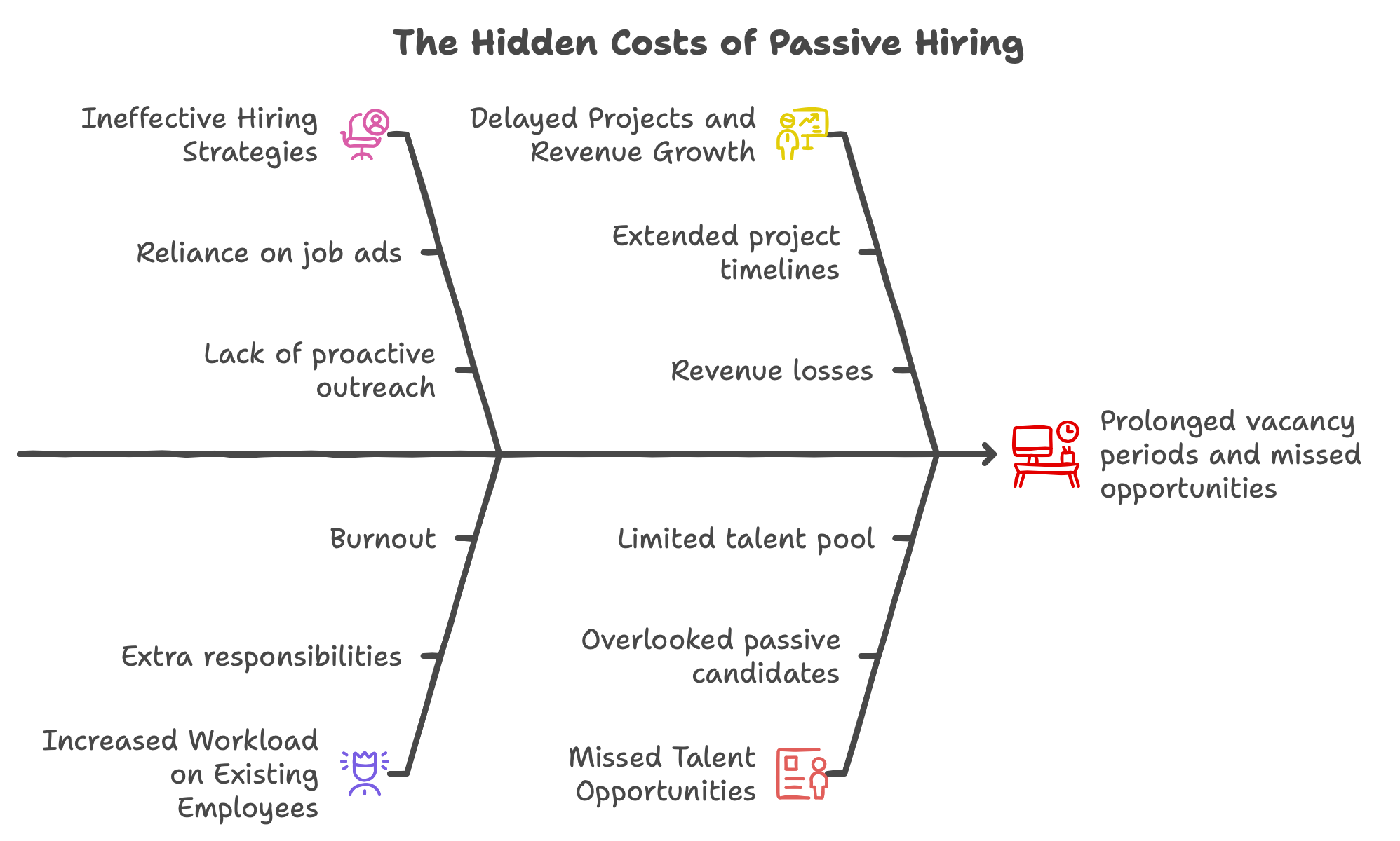 Detailed Diagram with The Hidden Costs of Passive Hiring - Missed Talent Opportunities, Ineffective Hiring, Increased Workload, Delayed Project and Revenue Growth