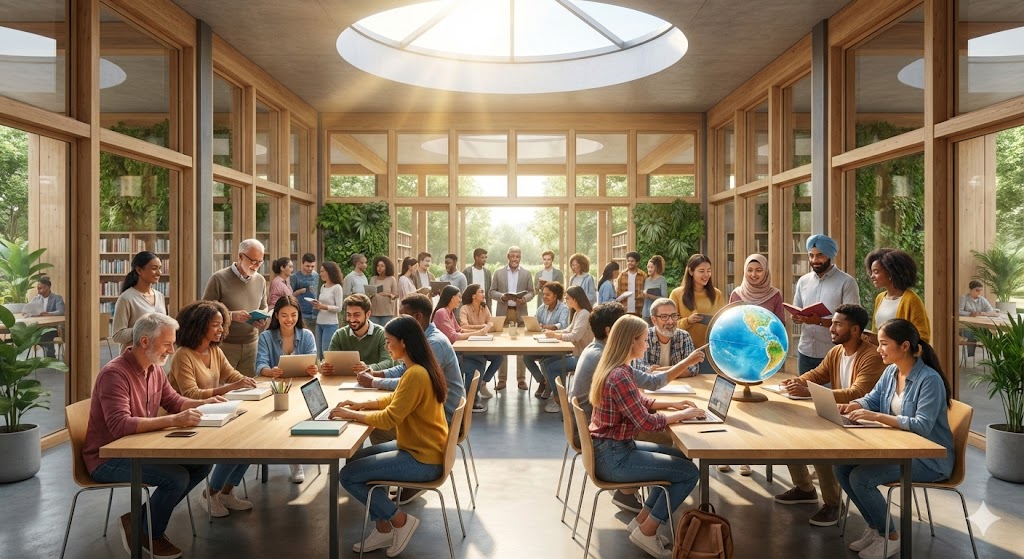 Разнообразная группа людей учится вместе, символизируя Международный день образования