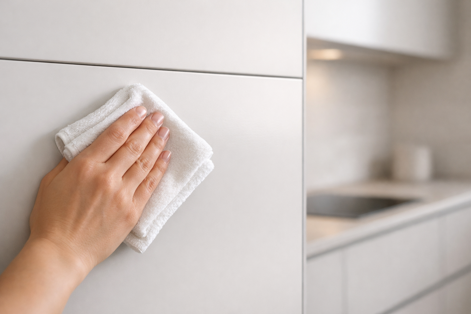 Уход за фасадами в эмали: протирка микрофиброй, крупный план