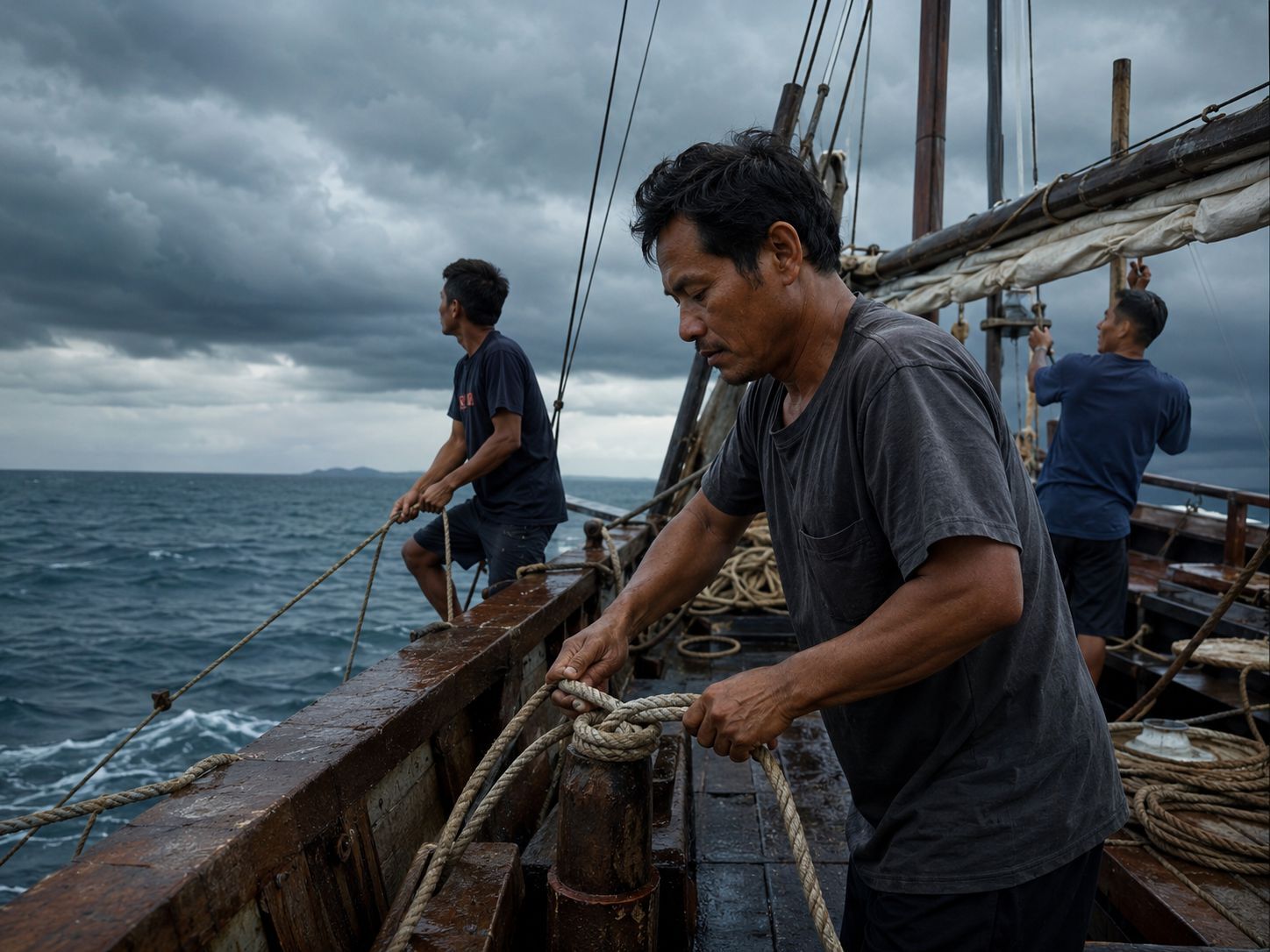 Pelaut Indonesia memeriksa tali kapal saat laut berombak