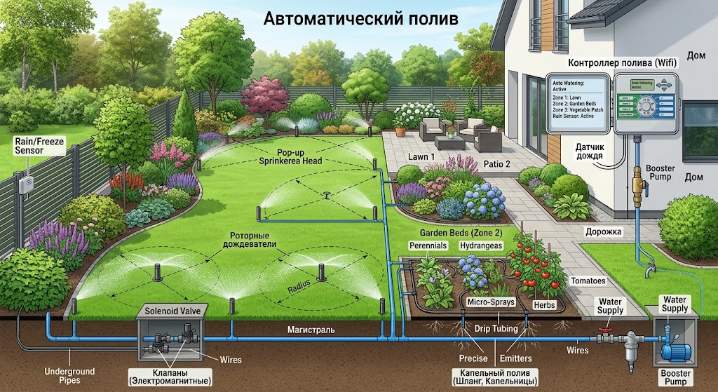 Схема автоматического полива сада с газоном, клумбами и капельным орошением