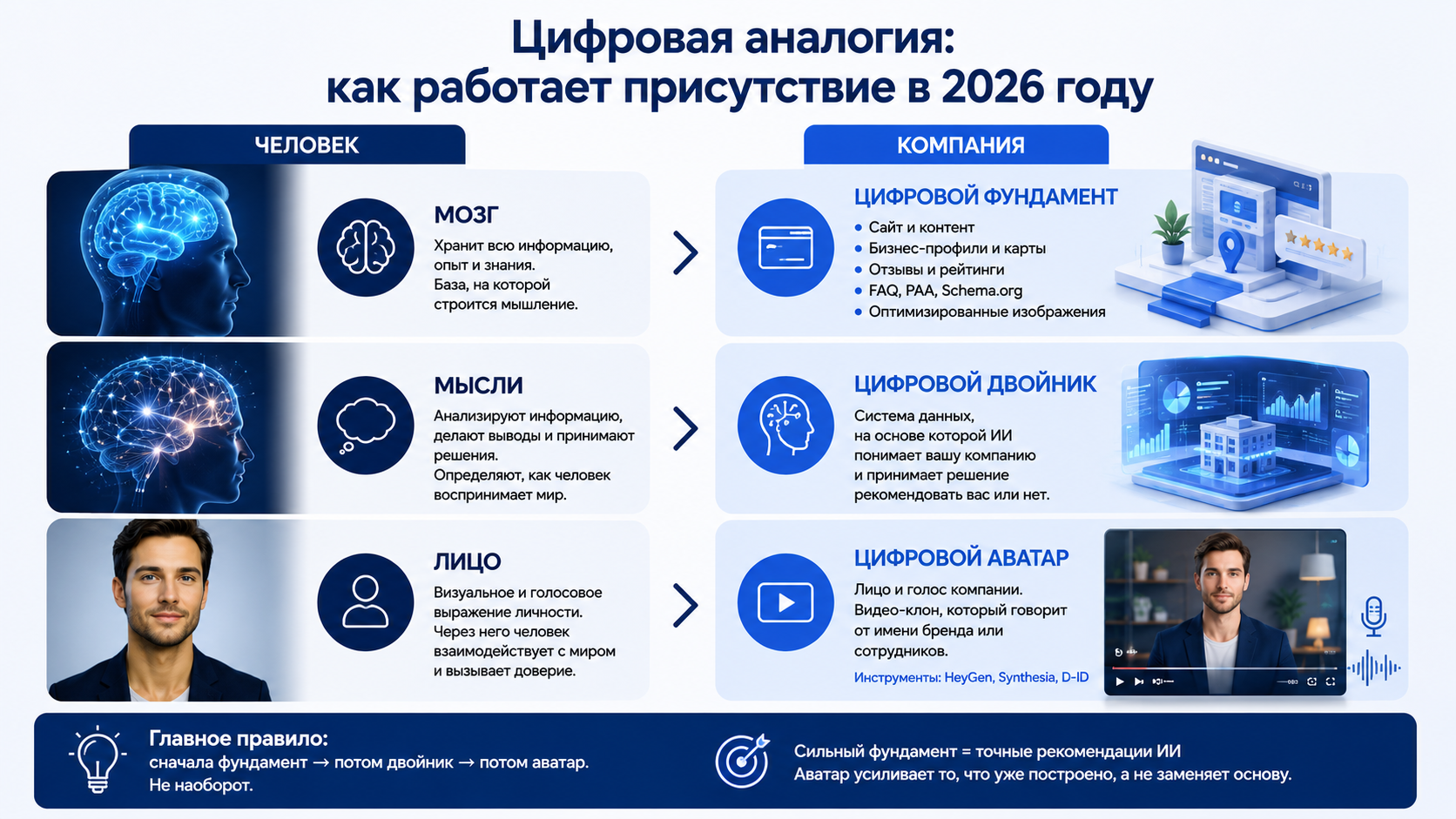 Схема цифрового присутствия бизнеса в 2026 году: человек — мозг, мысли, лицо; компания — цифровой фундамент, цифровой двойник и цифровой аватар. Иллюстрация показывает, как ИИ анализирует данные бизнеса и формирует рекомендации для ChatGPT, Gemini, Алисы и поисковых систем.