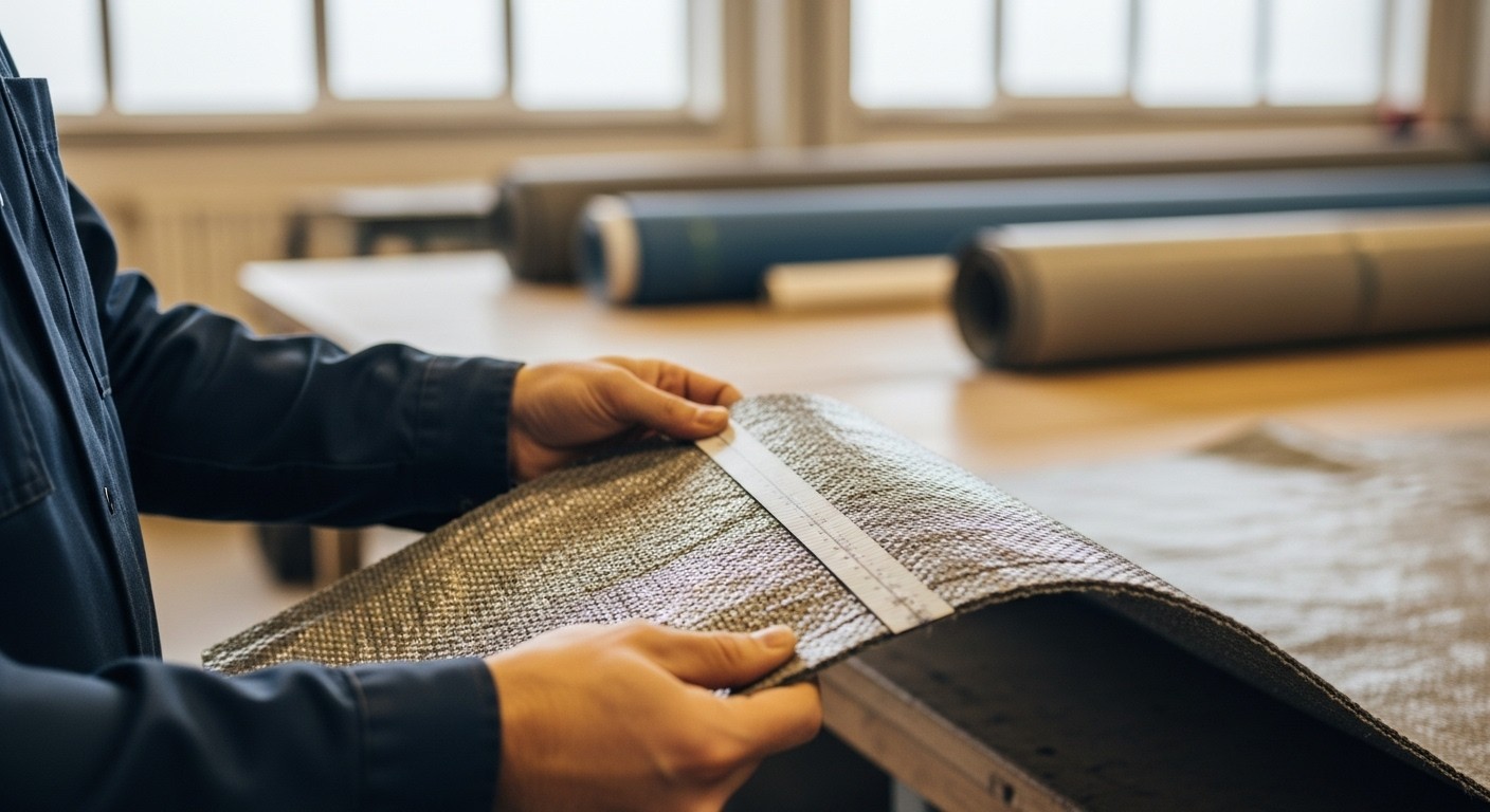 Руки технолога проверяют качество и толщину армированной тентовой ткани с видимой структурой плетения в производственном цехе