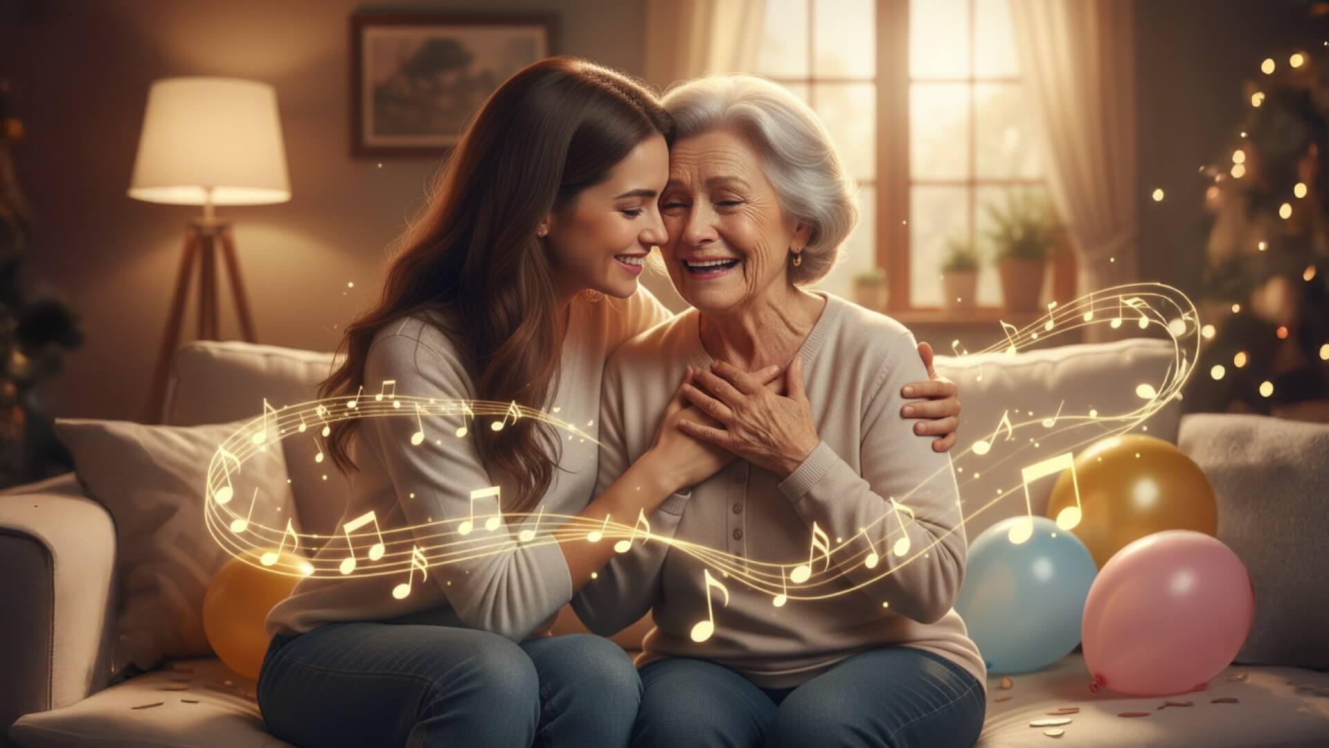 Дочь обнимает маму и дарит песню в подарок. Мама улыбается сквозь слёзы счастья, вокруг воздушные шары и праздничный уют
