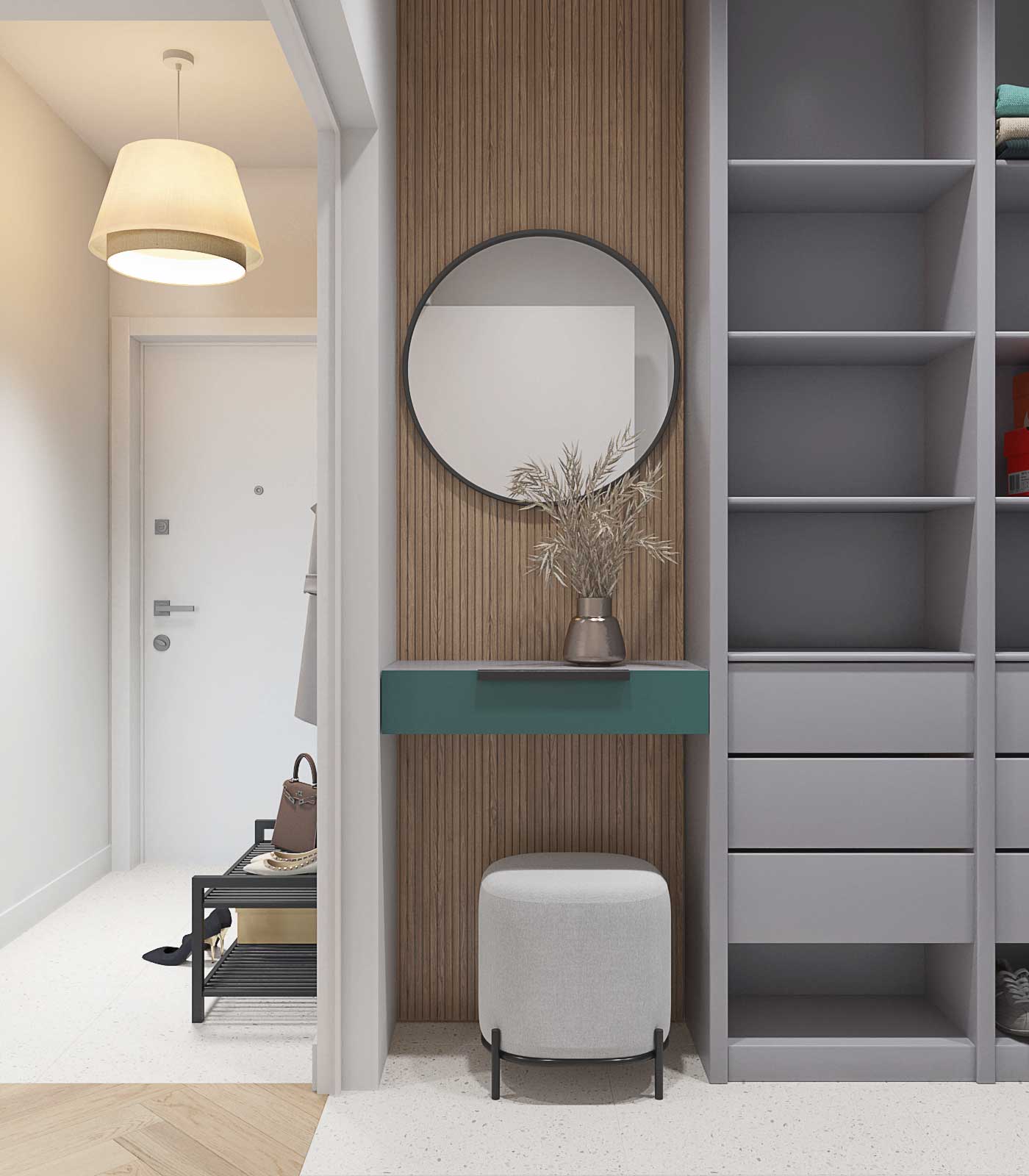 Гардеробная у прихожей. Серые шкафы и консоль в гардеробной.