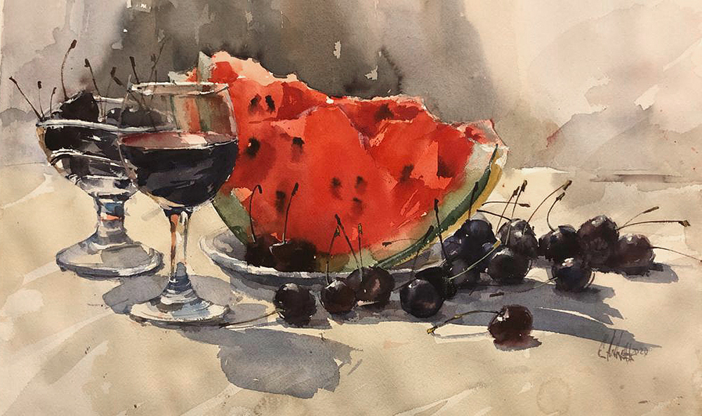 Still life with watermelon. 2020. Watercolor on paper, 36x56 cm