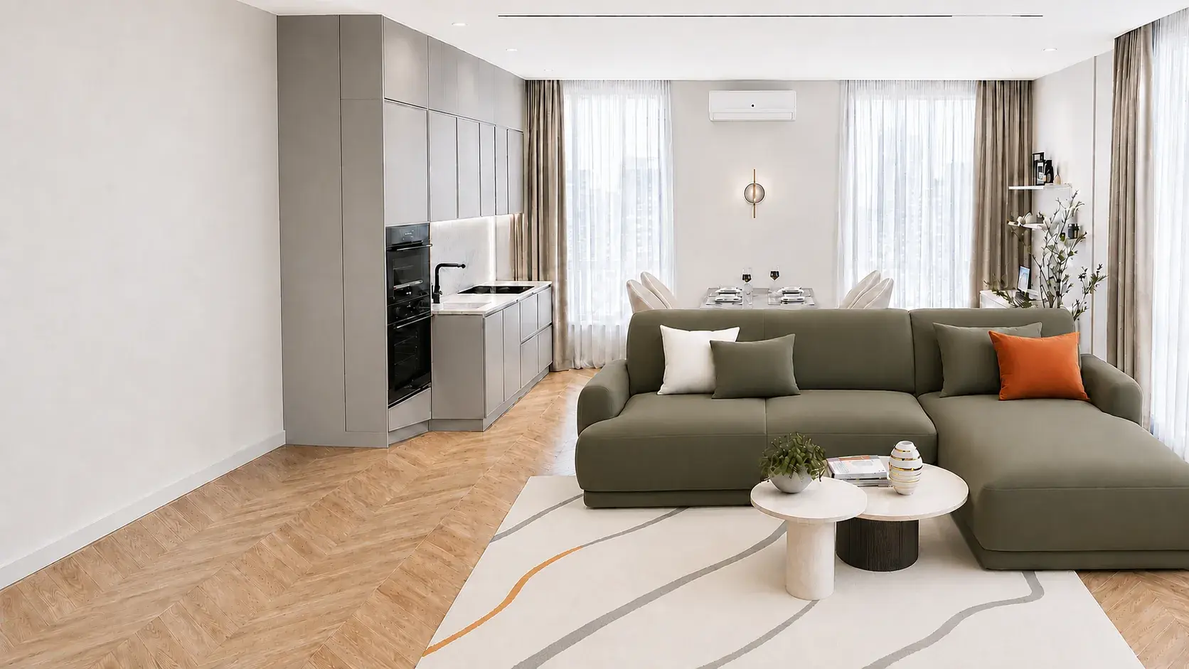 Современная кухня-гостиная квартиры 94 м² в ЖК Смарт Квартал на Сурикова в Туле — проект STRUKTURA