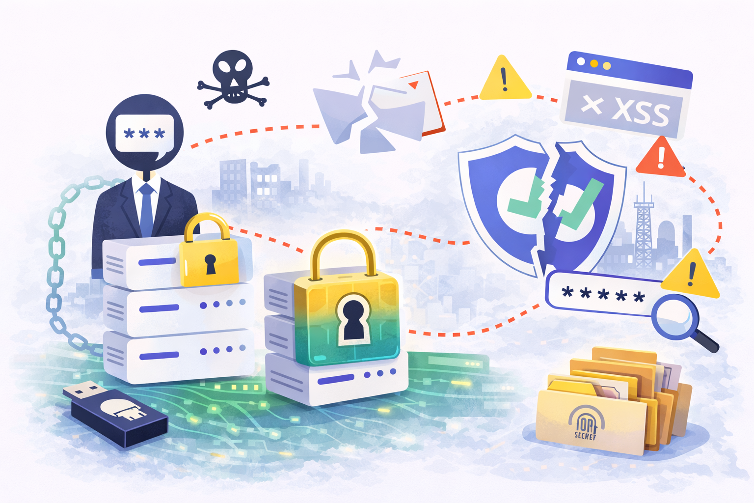 Иллюстрация угроз безопасности: серверы с замком, утечка паролей, фишинг, уязвимости и компрометация доступа в корпоративной системе