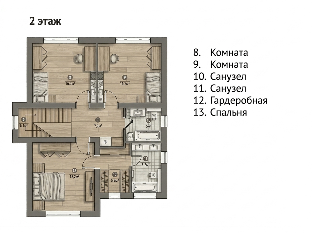 Планировка 2 этажа коттеджа 160 м² Вартемяги ONE