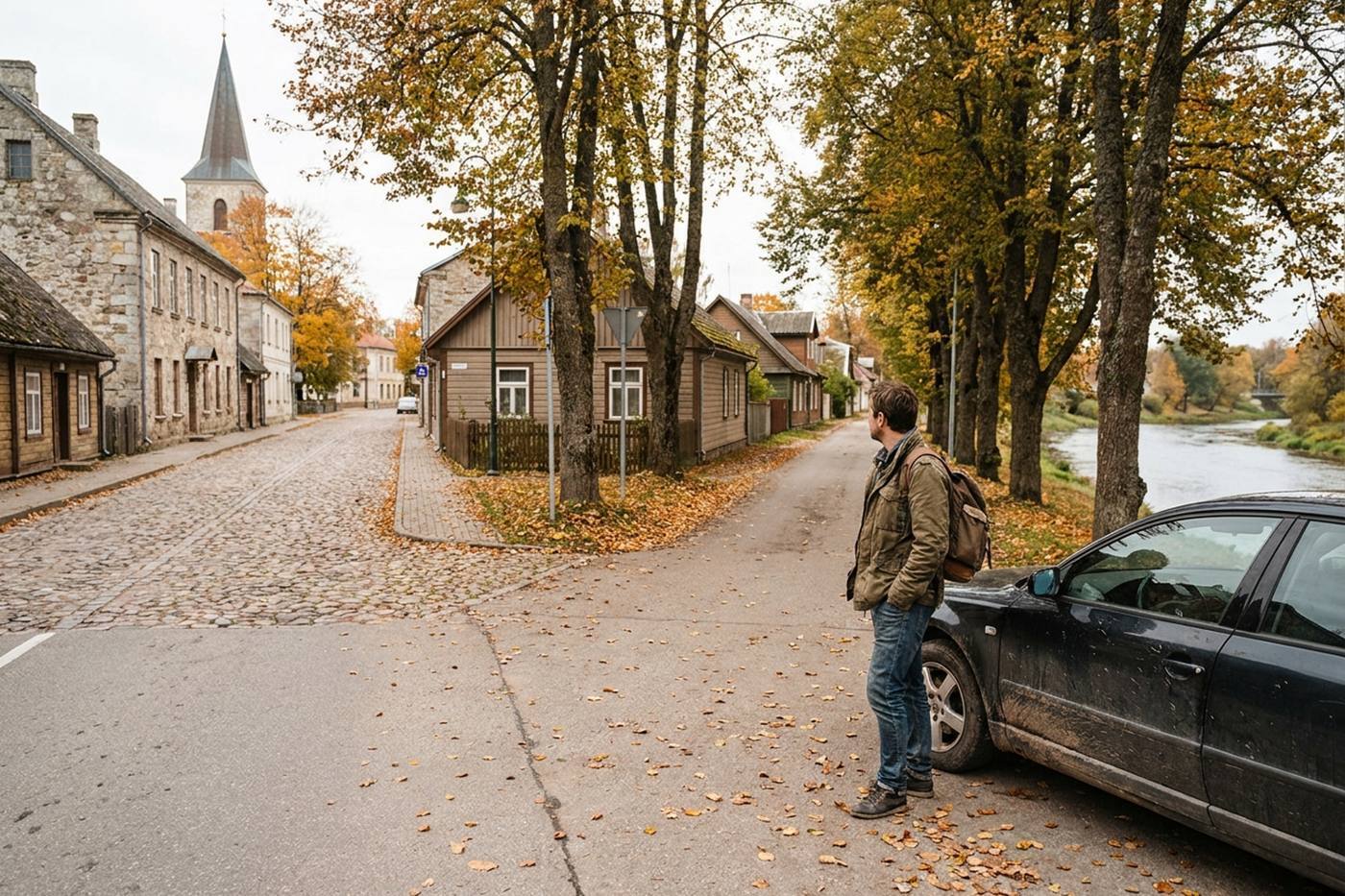 Мужчина с рюкзаком стоит рядом с автомобилем на обочине дороги в старинном городке с каменными и деревянными домами в окружении