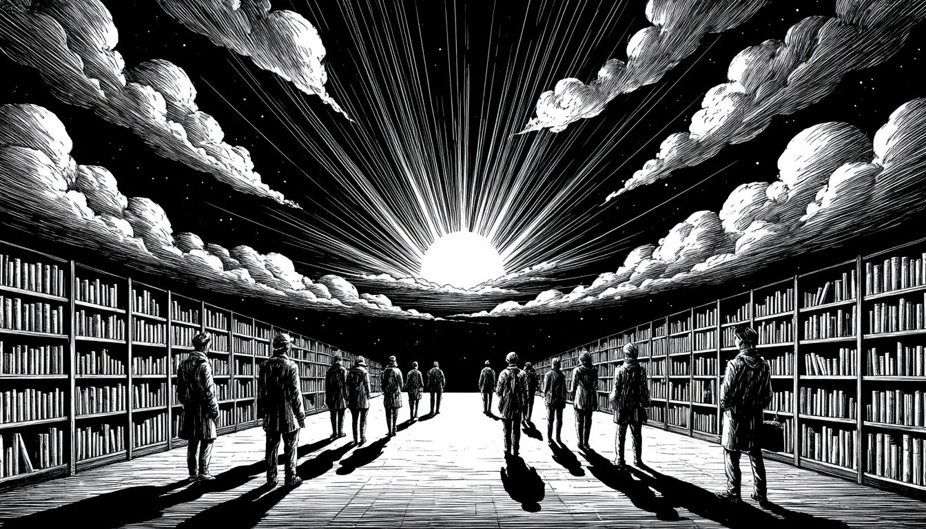 Люди стоят в большой библиотеке под открытым небом, впереди светило знания