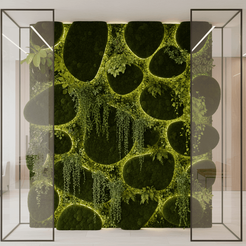 Живая стена из растений в зоне посадки ресторана