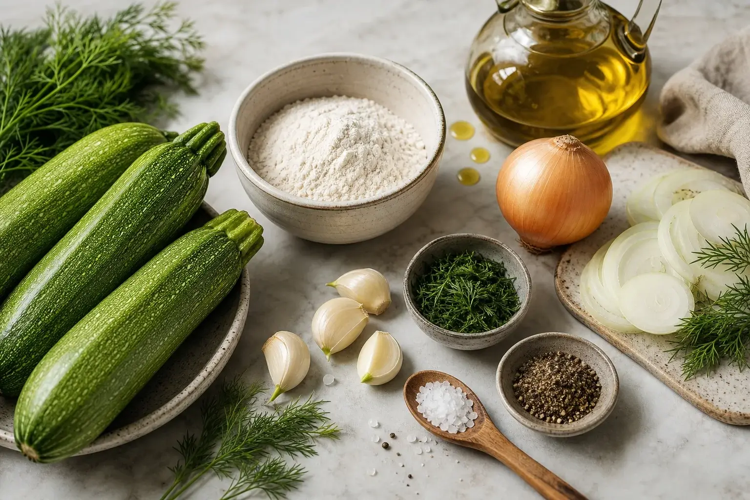Молодые кабачки, пшеничная мука, чеснок, укроп, репчатый лук, соль, чёрный перец и растительное масло для приготовления постных кабачковых оладий