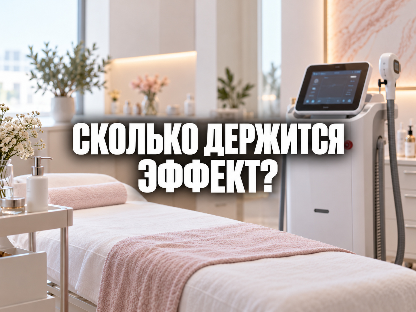 Кабинет лазерной эпиляции в светлых тонах; по центру фраза «СКОЛЬКО ДЕРЖИТСЯ ЭФФЕКТ?»