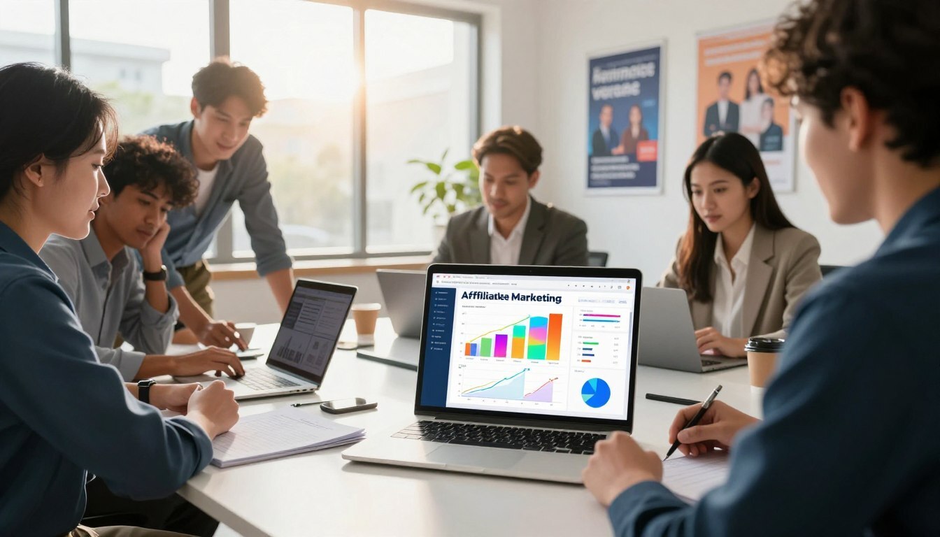 A modern workspace showcasing a vibrant affiliate marketing environment.