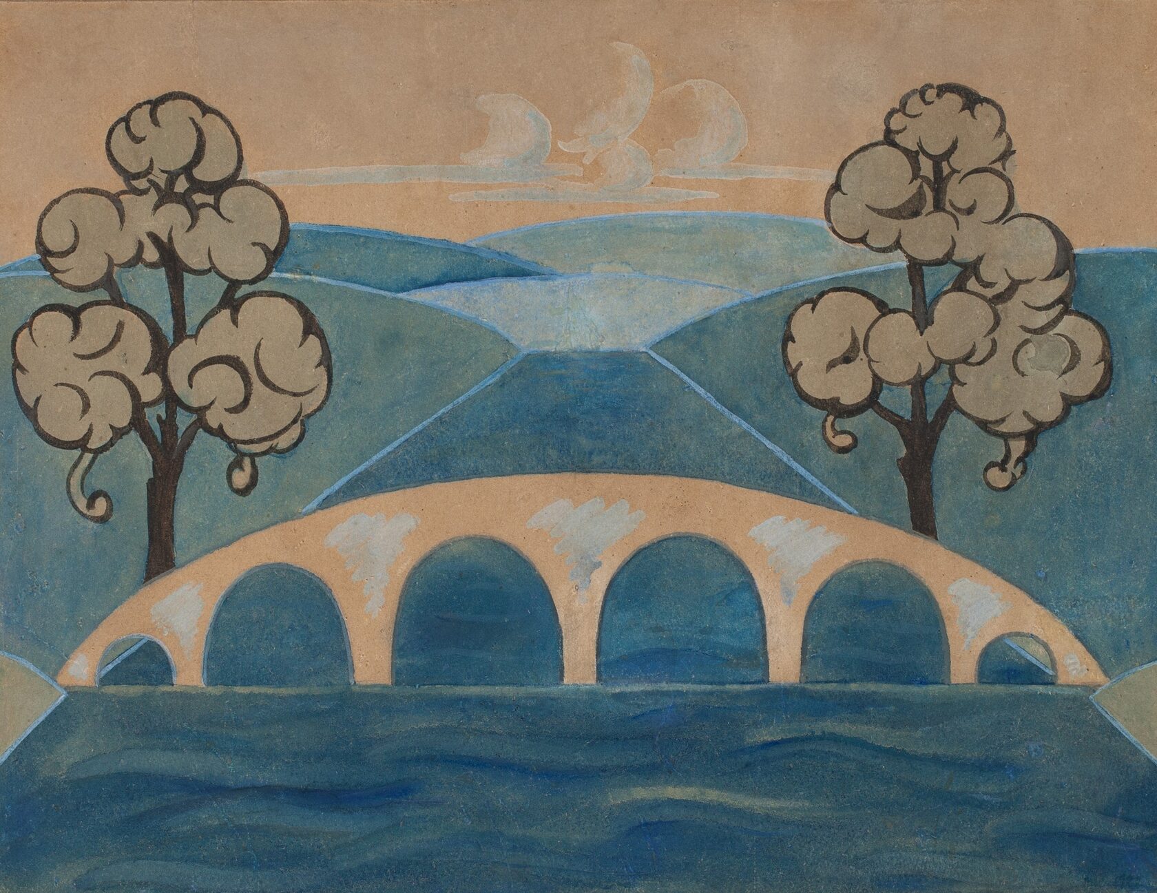 Пейзаж с мостом и двумя деревьями. 1922