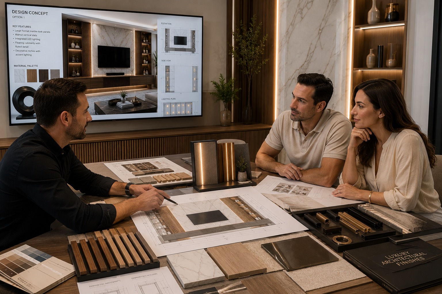 Professional design consultation with homeowners reviewing luxury architectural wall concepts, architectural drawings, premium material samples, cabinetry layouts, and integrated lighting plans.