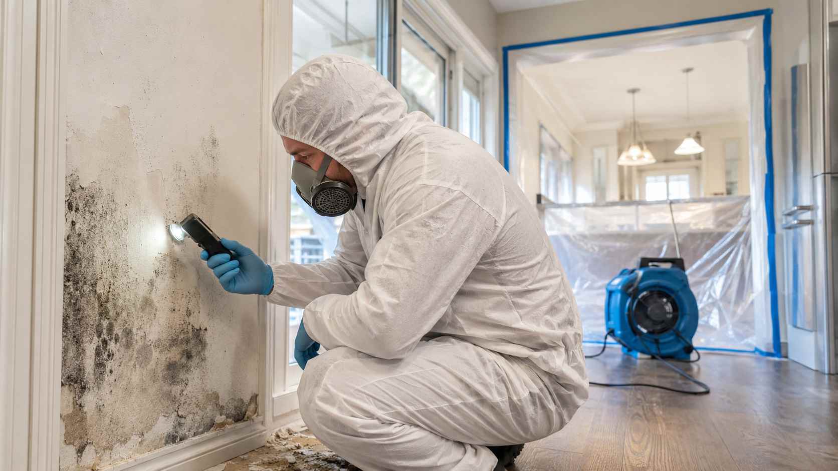 Professional mold remediation in Arlington VA home with technician inspecting mold and water damage before cleanup