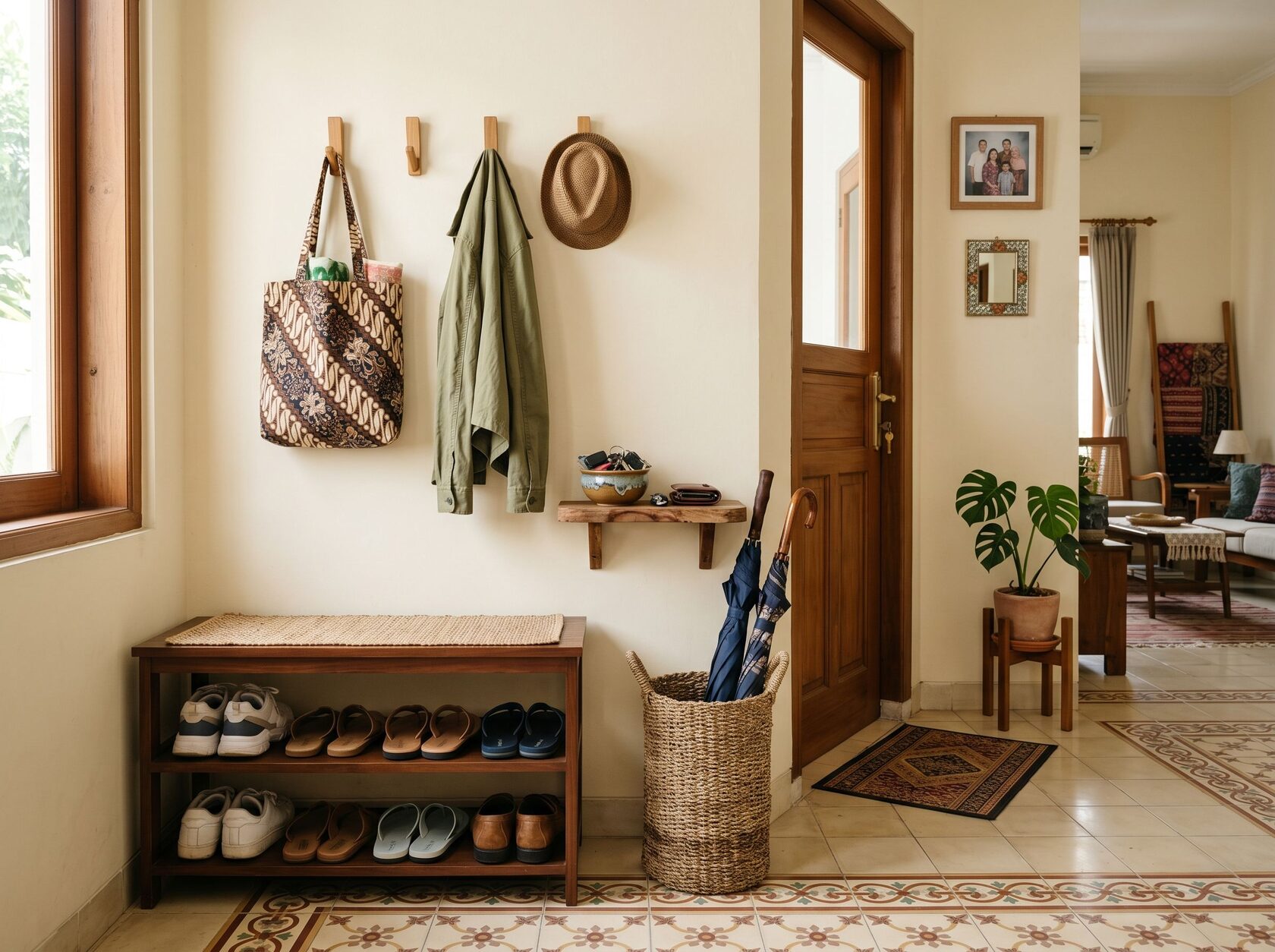 area pintu masuk rumah rapi dengan rak sepatu dan gantungan tas