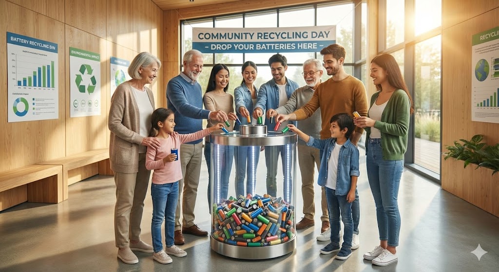 Сбор использованных батареек в контейнер для переработки