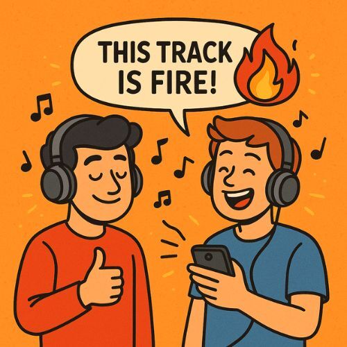 Комиксовая иллюстрация: друзья слушают трек, один говорит «This song is fire!» — пример использования слова fire в значении «очень круто».