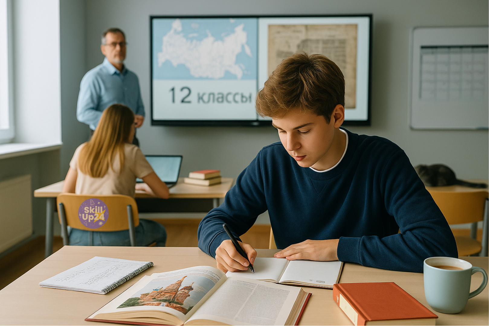 Старшеклассник 16–18 лет готовится к ЕГЭ по истории за партой с тетрадями и учебником, на фоне учитель у интерактивной доски с картой России, современный школьный класс и спокойная атмосфера подготовки к экзамену